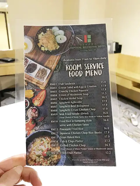 Room service menu at Imperial Riverbank Hotel